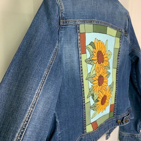 Sunflower Denim Jacket Hand Painted Country Girl Cottagecore Chic Autumn - Picture 6 of 13